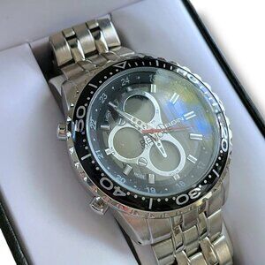 Elgin Mens Chronograph Watch Digital Analog Silver Tone Link Band Quartz Movemen